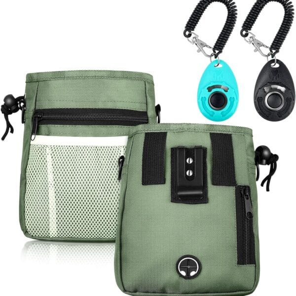Dog Clicker Training Kit, 1 Dog Treat Training Pouch and 2 Pieces Pet Training Clicker with Wrist Strap, Built in Poop Bag Dispenser Easily Carrying Pet Toys Treats (Army Green,Solid Pattern)