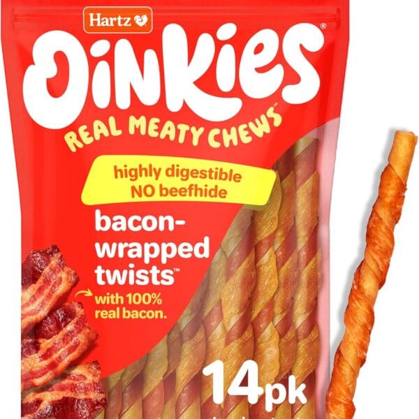 Hartz New Oinkies Bacon Wrapped Twists, Real Meaty Chews with 100% Real Bacon and No Beefhide, 14 Count