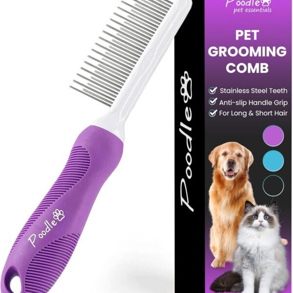 Poodle Pet Detangling Pet Comb with Long & Short Stainless Steel Teeth for Removing Matted Fur, Knots & Tangles  Detangler Tool Accessories for Safe & Gentle DIY Dog & Cat Grooming