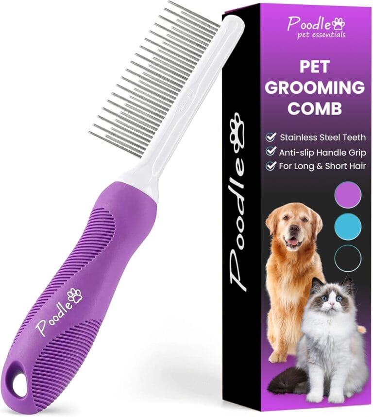 Poodle Pet Detangling Pet Comb with Long & Short Stainless Steel Teeth for Removing Matted Fur, Knots & Tangles  Detangler Tool Accessories for Safe & Gentle DIY Dog & Cat Grooming