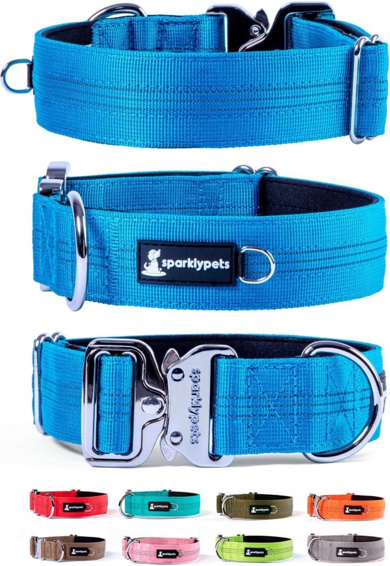 SparklyPets Heavy Duty Wide Dog Collar with Quick Release Chrome Buckle  Thick Tactical Dog Collar with Reflective Stripes & Soft Lining  for Large & Medium Breeds