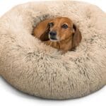 Best Friends by Sheri Original Calming Donut Dog and Cat Bed, Shag Faux Fur, Taupe, (23in x 23in) - Anxiety Relief for Pets Up to 25 lbs