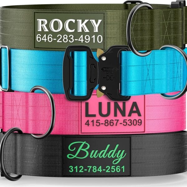 Personalized Tactical Dog Collar for Large Dogs, Heavy Duty Military Collar with Name, Made of Thick Nylon and Strong Metal Buckle for Maximum Durability, Available in Pink, Blue, Black, and Green