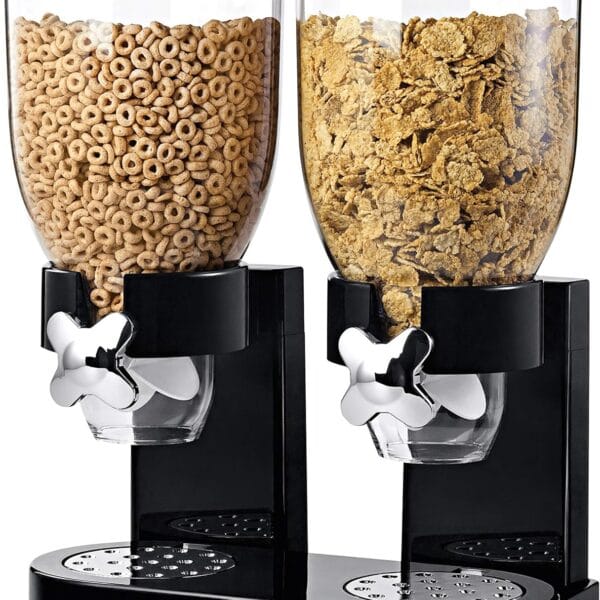 Honey-Can-Do Zevro Essential Dual-Control Dry Food Dispenser Effortless & Organized Storage for Cereal, Dog Food, or Snack Dispenser for All Kinds of Treats, 17.5 oz Each Capacity, Black/Chrome