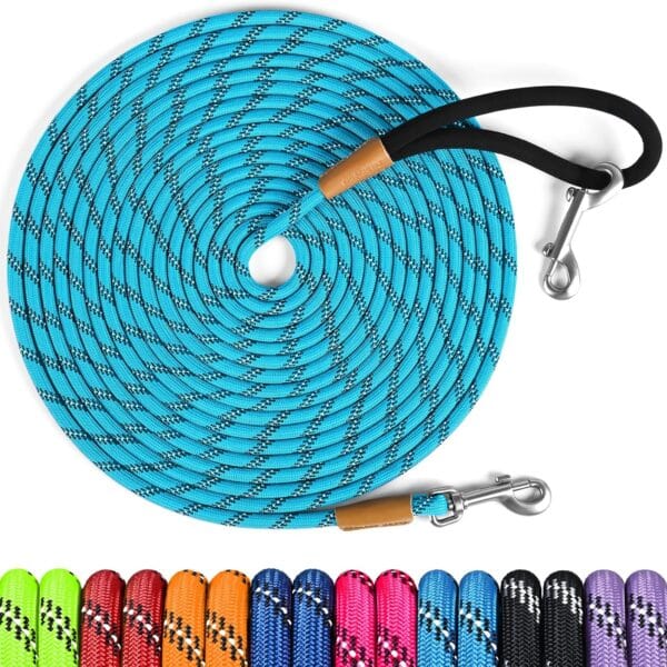 lynxking Long Dog Leash Reflective 15ft 30ft 50ft Check Cord Training Lead Padded Handle Heavy Duty Rope for Puppy Small Medium Large Dogs (Light Blue, 30ft x 3/8inch)