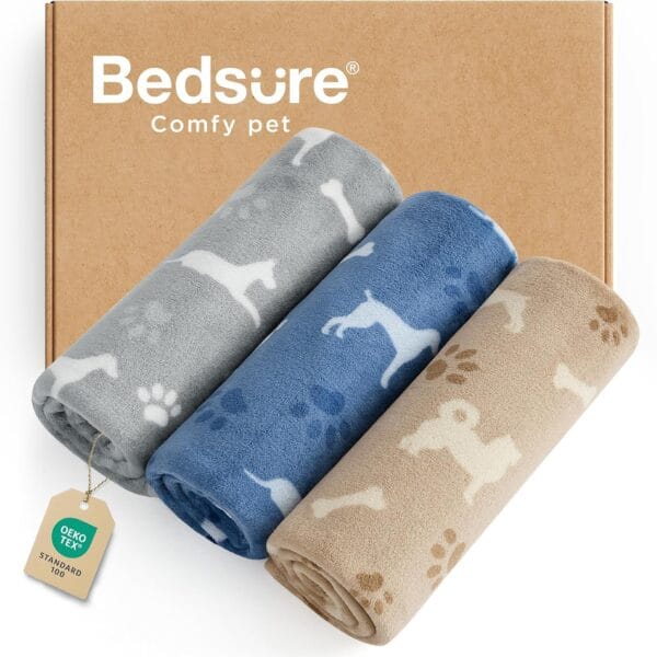 Bedsure 1 Pack 3 Pet Blankets, Super Soft Fluffy Premium Fleece Flannel Portable Throw Dog Blankets for Small Dogs, Printed Cat Puppy Blanket Grey/Brown/Blue Small(23x16 inch)