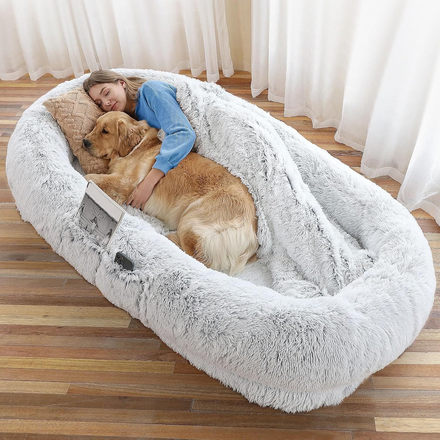 Human Dog Bed 71"x45"x12" Fits You & Pets, Washable Faux Fur, Orthopedic, Plump Pillow, Blanket, Strap Grey Human Dog Bed - 71"x45"x12" Fits You & Pets, Washable Faux Fur, Orthopedic, Plump Pillow, Blanket, Strap - Grey