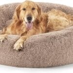 Bedsure Calming Dog Bed for Extra Large Dogs - Donut Washable Large Pet Bed, 45 inches Anti-Slip Round Fluffy Plush Faux Fur Dog Bed, Fits up to 120 lbs Pets, Camel