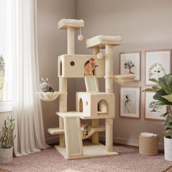 SHA CERLIN 65in Larger Cat Tree Tower Condo for Indoor Kitties/Multi-Level Furniture Activity Center with Wide Base/Cozy Plush Cat Perches/Baskets/Sisal Scratching Posts and Hammock/Beige
