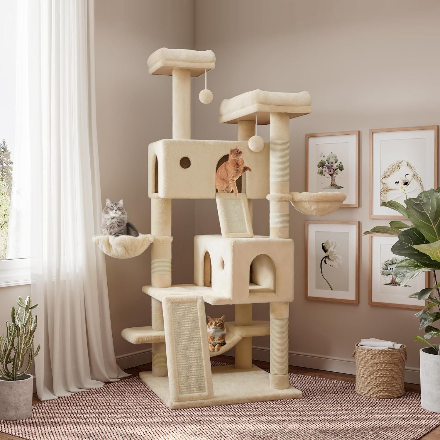 SHA CERLIN 65in Larger Cat Tree Tower Condo For Indoor Kitties/Multi Level Furniture Activity Center With Wide Base/Cozy Plush Cat Perches/Baskets/Sisal Scratching Posts And Hammock/Beige SHA CERLIN 65in Larger Cat Tree Tower Condo for Indoor Kitties/Multi-Level Furniture Activity Center with Wide Base/Cozy Plush Cat Perches/Baskets/Sisal Scratching Posts and Hammock/Beige