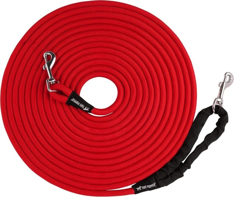 Tuff Pupper Heavy Duty 30 Foot Long Rope Leash for Dogs | Dog Recall Training Lead | High Visibility Strong Climbing Rope Leash | Hand or Waist Worn | Stainless Steel 360 Clips for Tangle Free Use