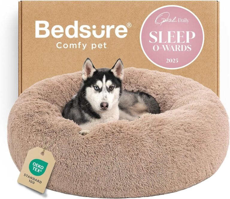 Bedsure Calming Dog Beds Large Sized Dog - Donut Washable Large Pet Bed, 36 inches Anti-Slip Round Fluffy Plush Faux Fur Dogs Bed, Fits up to 80 lbs Pets, Camel