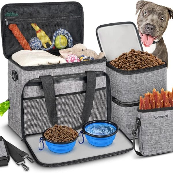 6 Set Dog Travel Bag, Large Pet Travel Kit for Supplies Includes 2 Food Containers, 1 Travel Organizer for Dogs, 2 Collapsible Bowls, 1 Treat Pouch, Dog Weekend Overnight Travel Bag Luggage