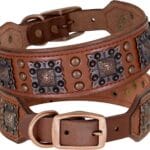 PET ARTIST Stylish Genuine Leather Dog Collar,2 inch Wide Soft Padded Leather Dog Collar for Medium & Large Dogs,Hand Made with Rivet Studded,Brown,Neck 16-19"