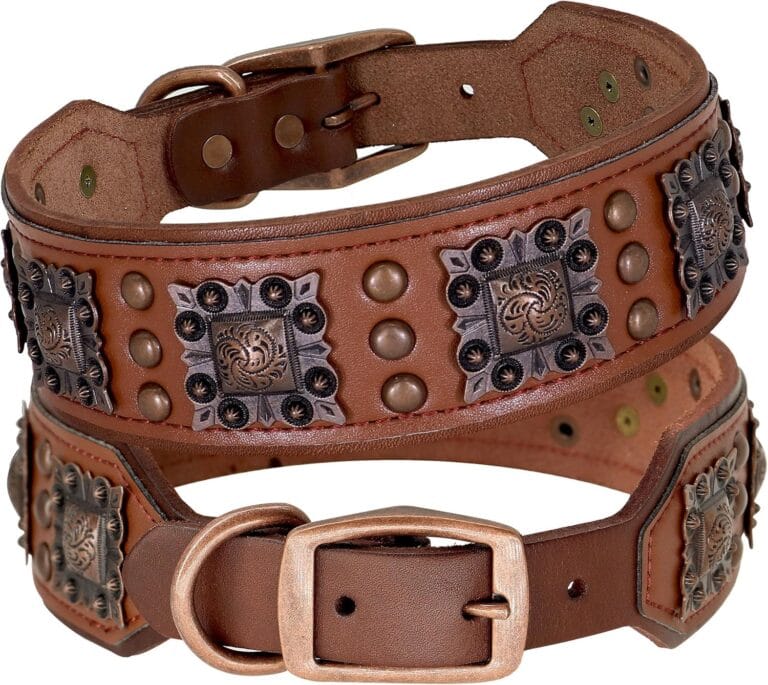 PET ARTIST Stylish Genuine Leather Dog Collar,2 inch Wide Soft Padded Leather Dog Collar for Medium & Large Dogs,Hand Made with Rivet Studded,Brown,Neck 16-19"