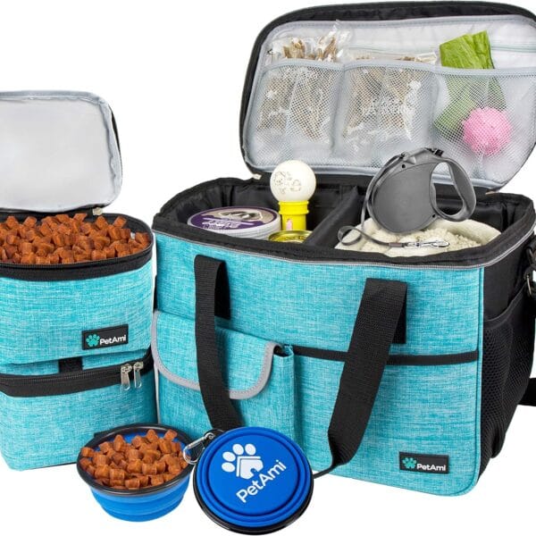 PetAmi Dog Travel Bag, Travel Pet Bag Organizer, Dog Food Travel Bag with Food Container and Bowls, Dog Travel Supplies Gift Accessories for Weekend Camping, Dog Cat Diaper Bag (Sea Blue, Medium)