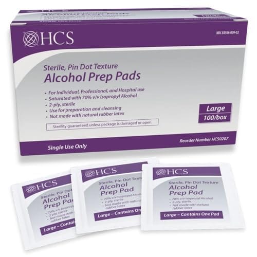 HCS Large Alcohol Prep Pads - 70% Isopropyl Alcohol Wipes, Individually Wrapped - 2 ply, Textured, Sterile Skin Prep Swabs (100/Box) HCS Large Alcohol Prep Pads - 70% Isopropyl Alcohol Wipes, Individually Wrapped - 2 ply, Textured, Sterile Skin Prep Swabs (100/Box)