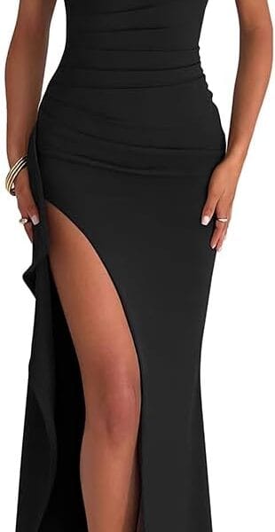 LAGSHIAN Women's Elegant Bodycon Off Shoulder Sleeveless High Split Ruched Long Formal Evening Dress