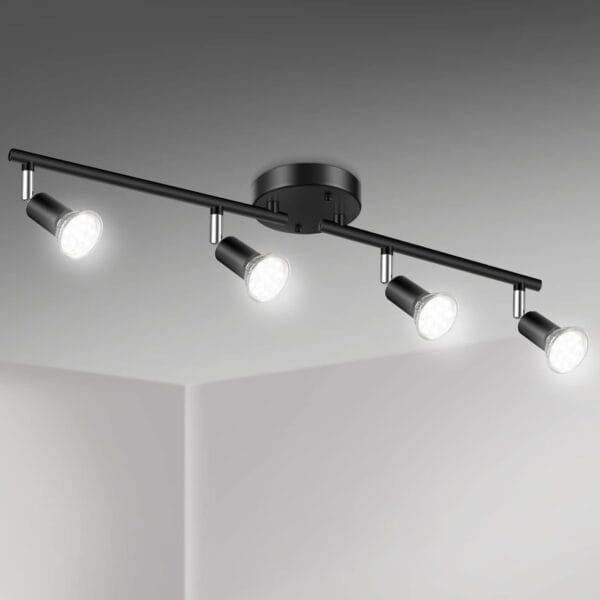 Unicozin LED 4 Light Track Lighting Kit, Black 4 Way Ceiling Spot Lighting, Flexibly Rotatable Head, Track Light Included 4 x LED GU10 Bulb (4W, Daylight White 5000K, 400LM)