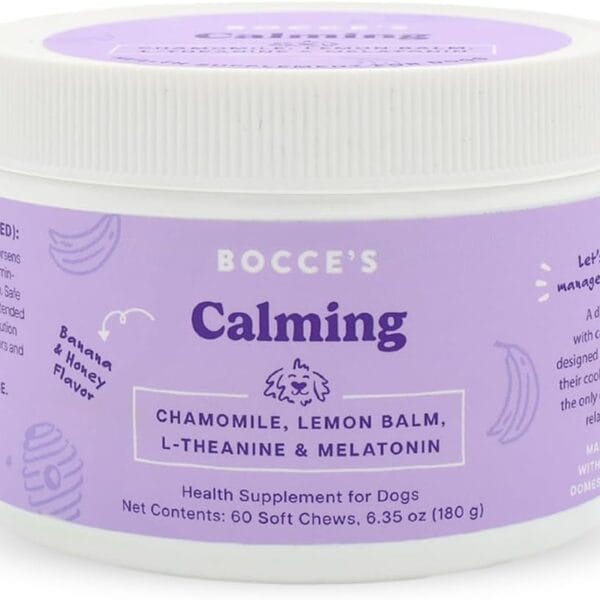 Bocce's Bakery Calming Supplement for Dogs, Daily Chews Made in The USA with Chamomile, Lemon Balm, L-Theanine & Melatonin, Supports Stress, Banana & Honey, 60 ct