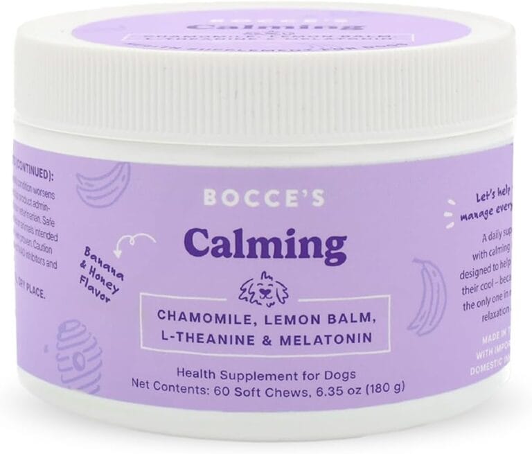 Bocce's Bakery Calming Supplement for Dogs, Daily Chews Made in The USA with Chamomile, Lemon Balm, L-Theanine & Melatonin, Supports Stress, Banana & Honey, 60 ct