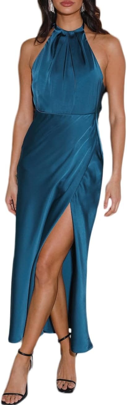 2025 Summer Satin Halter Neck Backless Slit Midi Dresses Elegant Cowl Back Ruched Wedding Guest Maxi Dress for Women
