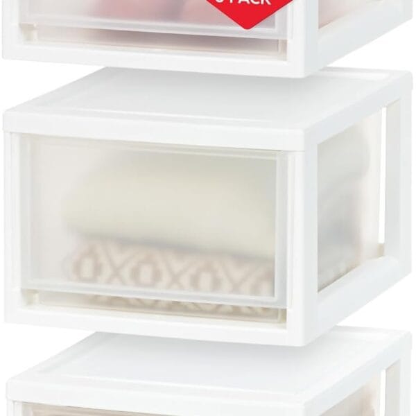 IRIS USA 14.5 Qt. Plastic Drawer Storage Organizer Stacking Drawers, 3-Pack, Stackable Unit with Sliding Drawer for Clothes Bedroom Kitchen Under Sink Pantry Craft Room Bathroom Dorm Office, White