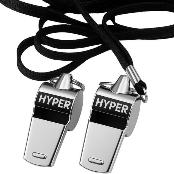 HyperSteel Stainless Steel Sports Whistles (2 Pack) with Lanyards - Super Loud - Durable - Clear Sound - Ideal for Coaching, Referee, Survival, Emergency, Dog Training, Boating, Hunting.