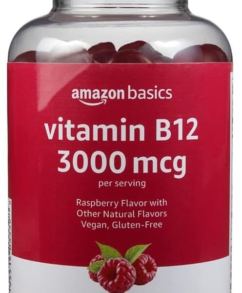 Amazon Basics Vitamin B12 3000 mcg Gummies, Normal Energy Production and Metabolism, Immune System Support, Raspberry, 100 Count (2 per serving) (Previously Solimo)