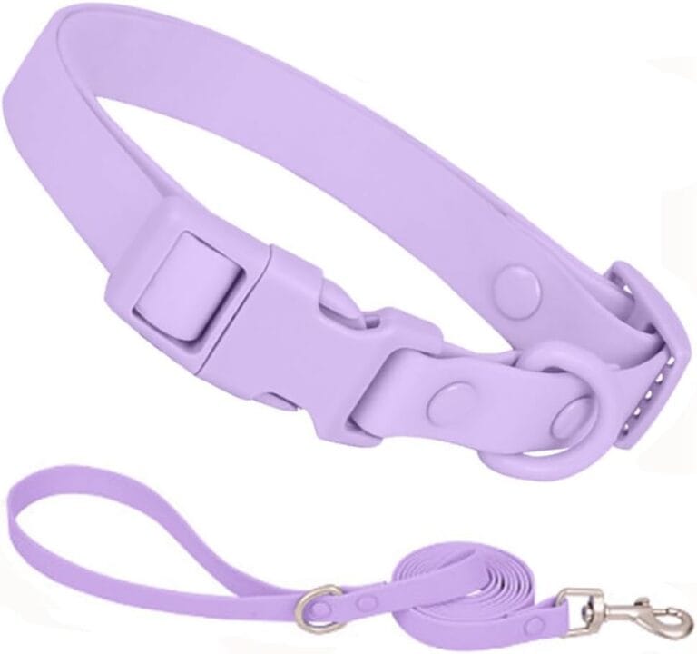 Waterproof Dog Collar and Leash Set, Purple Silicone Plastic PVC Rubber Washable Quick Release Buckle Water Swim Female Dog Collars for Small Medium Large Pet Girl Dogs, M