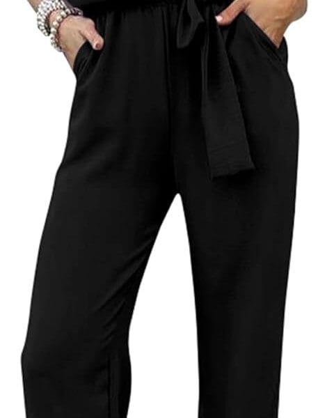 PRETTYGARDEN Women's Summer One Piece Jumpsuits Belted Short Sleeve Wrap V Neck Fashion Dressy Casual Wide Leg Pants Romper