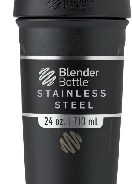 BlenderBottle Strada Shaker Cup Insulated Stainless Steel Water Bottle with Wire Whisk, 24-Ounce, Black