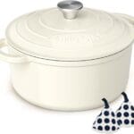 Enameled Cast Iron Dutch Oven - Umite Chef 5QT Pot with Lid & Cotton Potholders - Heavy-Duty Cookware for Bread Baking, Braising, Stews, Roasting(Cream White)