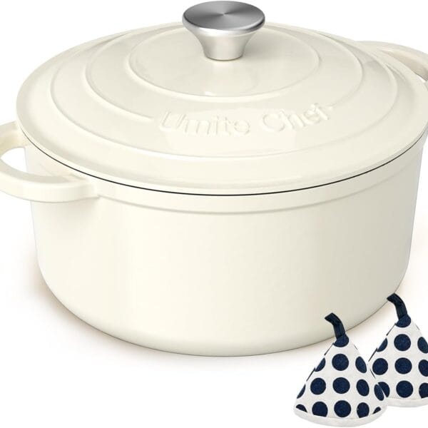 Enameled Cast Iron Dutch Oven - Umite Chef 5QT Pot with Lid & Cotton Potholders - Heavy-Duty Cookware for Bread Baking, Braising, Stews, Roasting(Cream White)