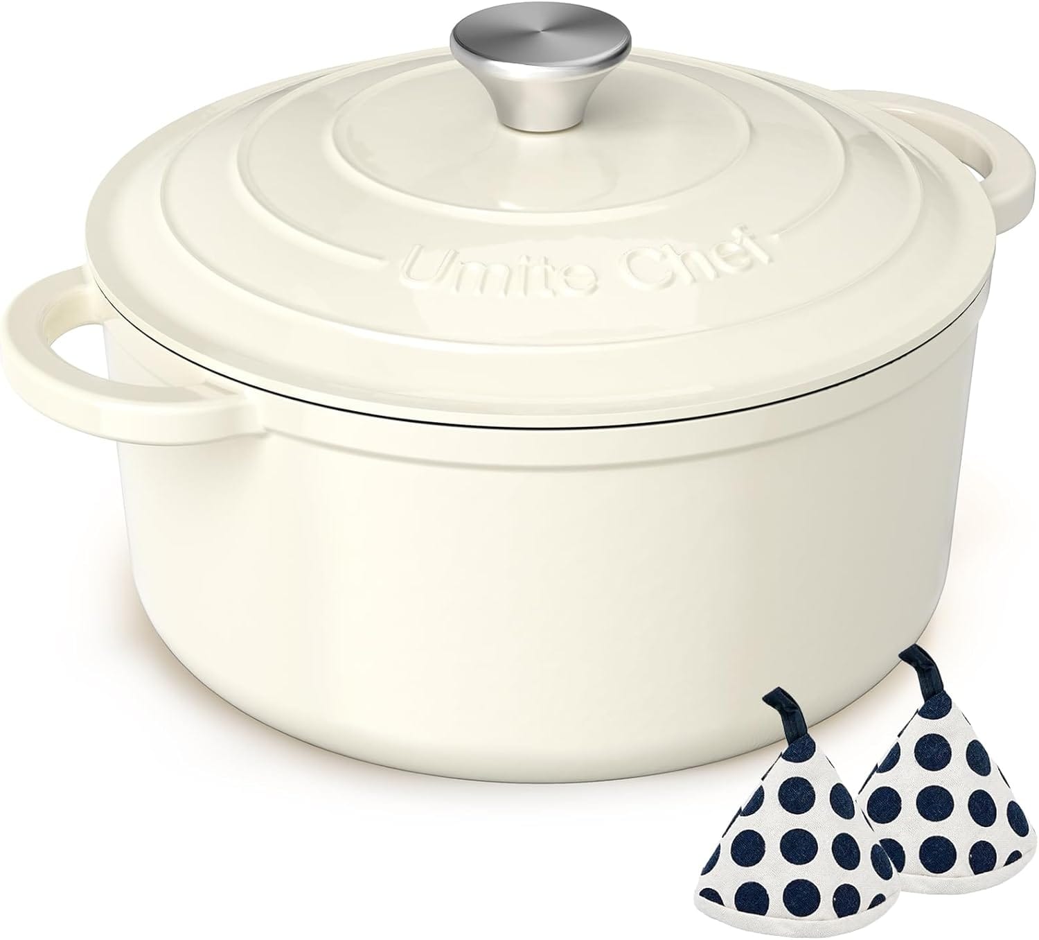 Enameled Cast Iron Dutch Oven Umite Chef 5QT Pot With Lid & Cotton Potholders Heavy Duty Cookware For Bread Baking, Braising, Stews, Roasting(Cream White) Enameled Cast Iron Dutch Oven - Umite Chef 5QT Pot with Lid & Cotton Potholders - Heavy-Duty Cookware for Bread Baking, Braising, Stews, Roasting(Cream White)