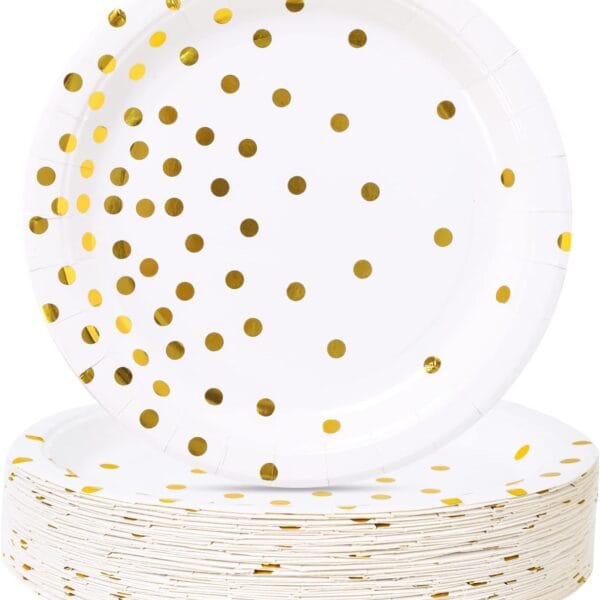 White and Gold Party Supplies, Gold Dot Paper Dessert Plates (50-Count)