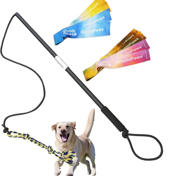 Flirt Pole for Dogs,Heavy Duty 4 Pieces Set with 3 Lures,Interactive Teaser Wand for Small Medium Large Pets,Durable Flirt Stick for Chase,Outdoor Tether Play,Exercise,Training