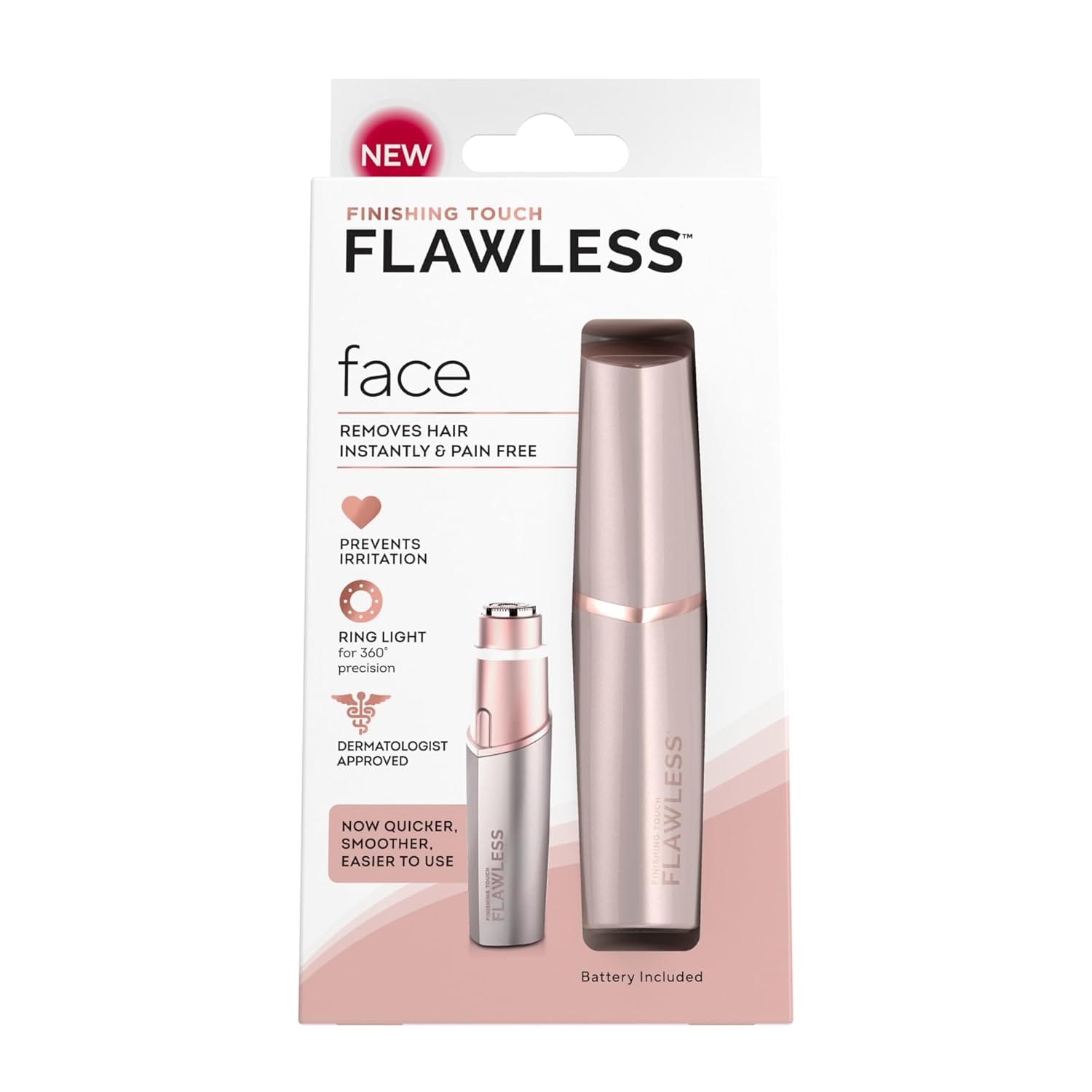 Finishing Touch Flawless Facial Hair Remover For Women, Rose Gold Face Razor With LED Light, Recyclable Packaging Finishing Touch Flawless Facial Hair Remover for Women, Rose Gold Face Razor with LED Light, Recyclable Packaging