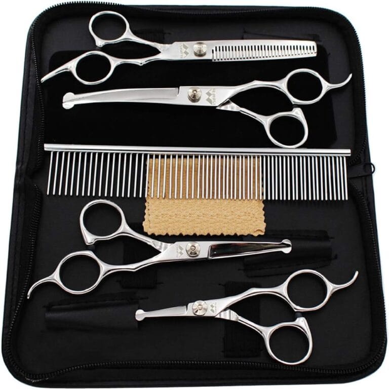 Dog Grooming Scissors Kit with Round Tip, 6 in 1 Cat Dog Scissors, Stainless Steel Pet Grooming Shears, Straight, Curved, Thinning Shears, Comb for Full Body, Face, Nose, Ear & Paw