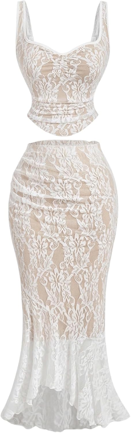 SOLY HUX Women's Floral Lace Skirt Set 2 Piece Sleeveless Top and Bodycon Fishtail Skirts Summer Coquette Outfits