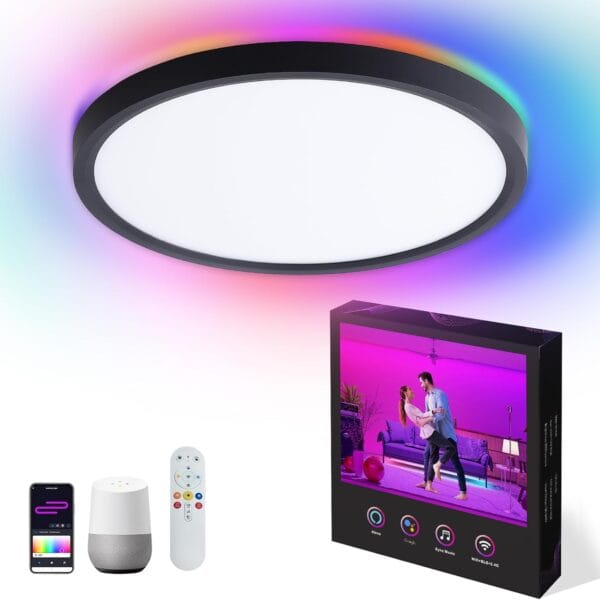 12 Inch Smart Ceiling Lights RGB Compatible with Alexa, Remote Control, WiFi and Tuya App - Color Changing Low Profile Dimmable LED Flush Mount Light Fixture for Bedroom, Living Room, Black