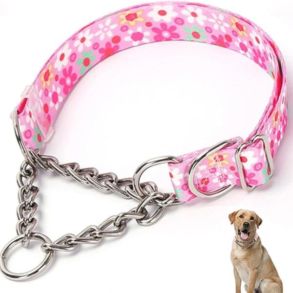 Stainless Steel Chain Martingale Dog Collar, No Pull Slip Cinch Choker Choke Collar Training Escape Proof Heavy Duty Dog Collar for Small Medium Large Pet Girl Female Dogs, Pink Floral M