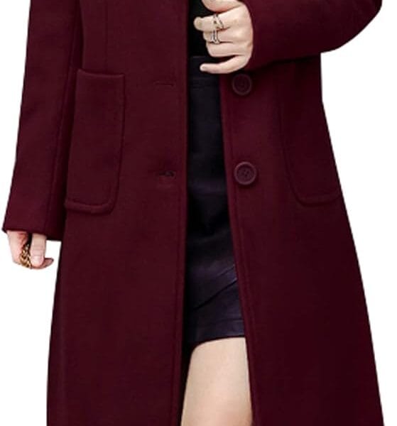 chouyatou Women's Big Notch Lapel Single Breasted Mid-Long Wool Blend Coat