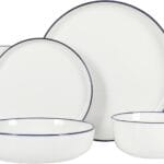 Gibson Home Oslo 16-Piece Porcelain Ceramic Chip & Scratch Resistant Dishes, Microwave & Dishwasher Safe, Plates and Bowls Dinnerware Set, White w/Blue Rim