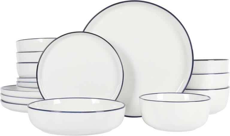 Gibson Home Oslo 16-Piece Porcelain Ceramic Chip & Scratch Resistant Dishes, Microwave & Dishwasher Safe, Plates and Bowls Dinnerware Set, White w/Blue Rim