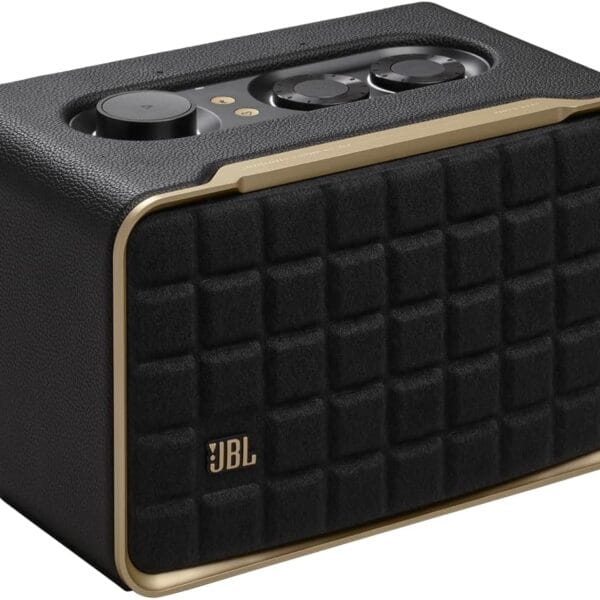 JBL Authentics 200 - Retro Style Smart Home Speaker with Built in Wi-Fi, Bluetooth and Voice Assistants, Alexa and Google Assistant, Multi-Room Playback, Automatic self tuning (Black/Gold)