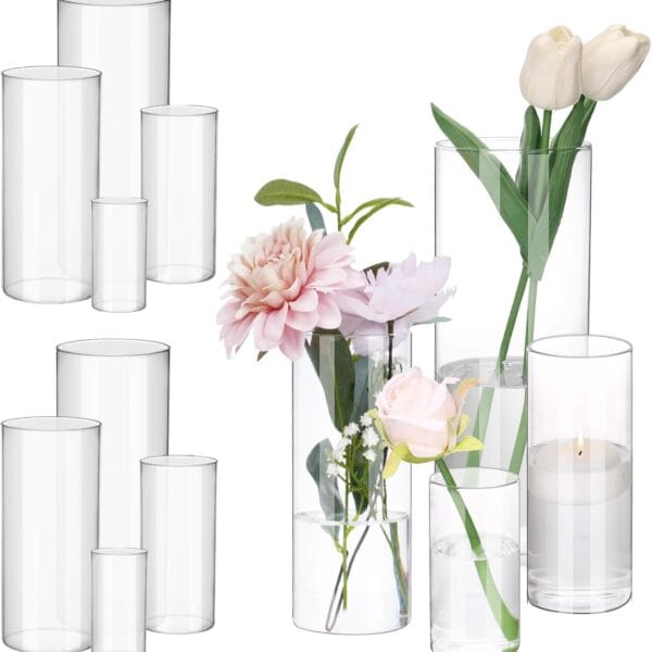 Fixwal 12pcs Clear Glass Cylinder Vases, 4, 6, 8, 10 Inch Tall Cylinder Vases for Centerpieces, Glass Flower Vase Floating Candle Holder Vase for Table Shelf, Party, Wedding, Home Decor