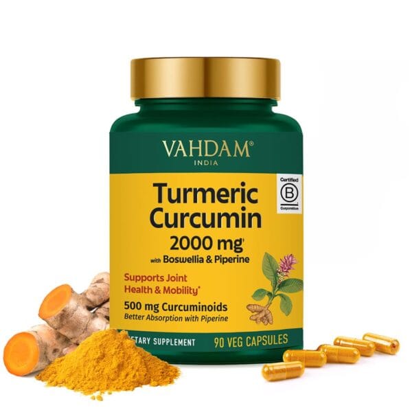 VAHDAM, Turmeric Curcumin 2000mg (500mg Curcuminoids) with Boswellia & Piperine for Fast Absorption | Supports Joint Health and Mobility | 90 Capsules
