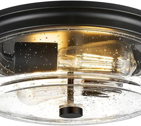 Black Flush Mount Ceiling Light Fixtures, 12 Inch 2-Light Light Fixtures Ceiling Mount with Seeded Glass Lampshade, Farmhouse Ceiling Light for Kitchen, Hallway, Bedroom, Entryway