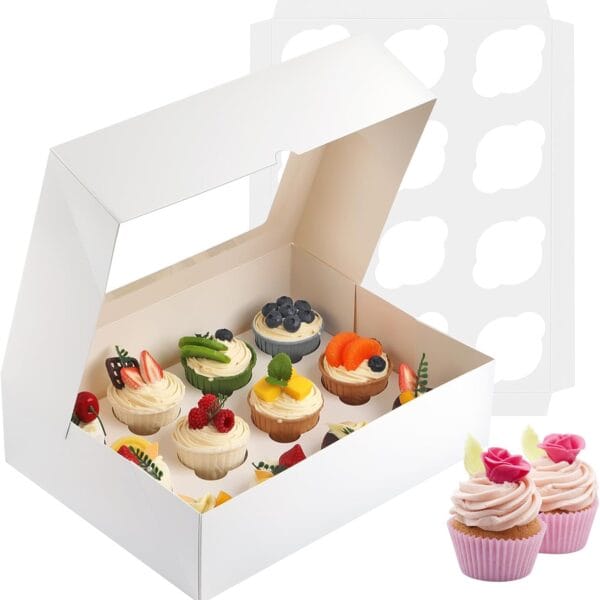 Cupcake Boxes, 2 Pack Disposable Cupcake Containers, Food Grade Cupcake Carrier 12 Count with Window and Inserts, Cupcake Transport Holders Bulk for Muffins Cookies Treats DessertWhite